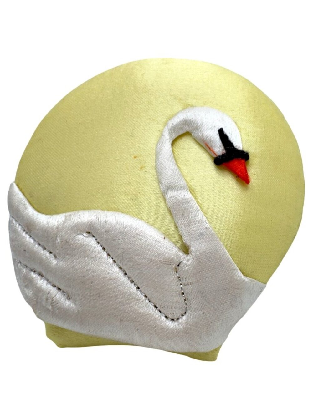Vtg MCM Swan Sewing Kit Yellow Pin Cushion Scissors Needle Thread Travel Sz 2"